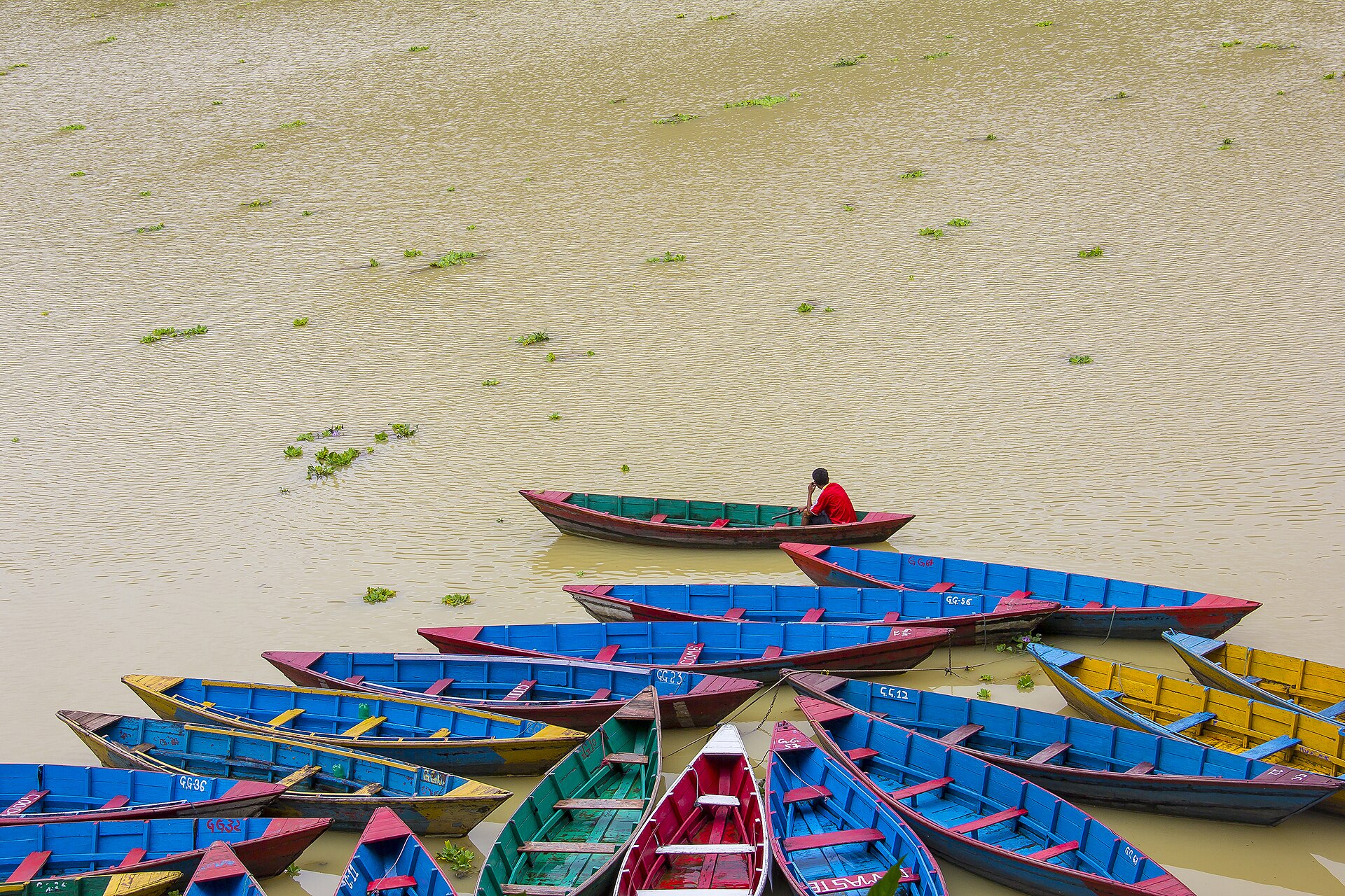 Colourful wooden boats on Phewa Lake in Pokhara